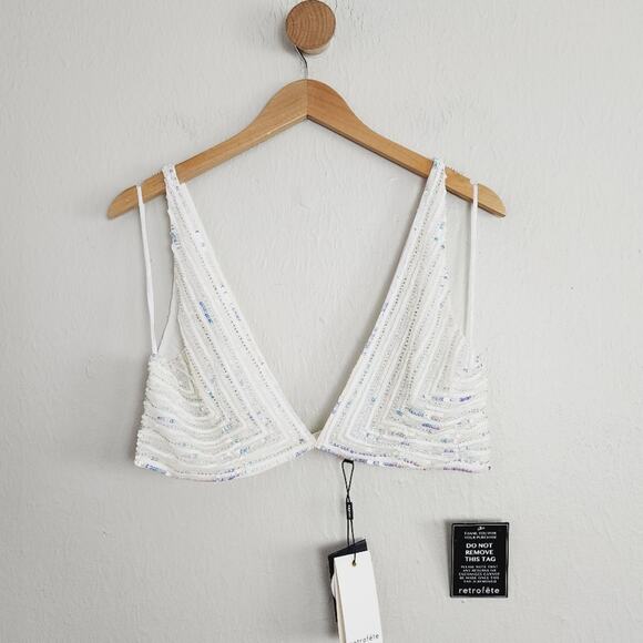 Retrofête Magda White Iridescent Sequin V-Neck Crop Top XL NWT - Picture 1 of 16